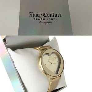 New In Box Vintage Juicy Couture Wrist Watch Heart Shaped Rhinestones Gold Tone
